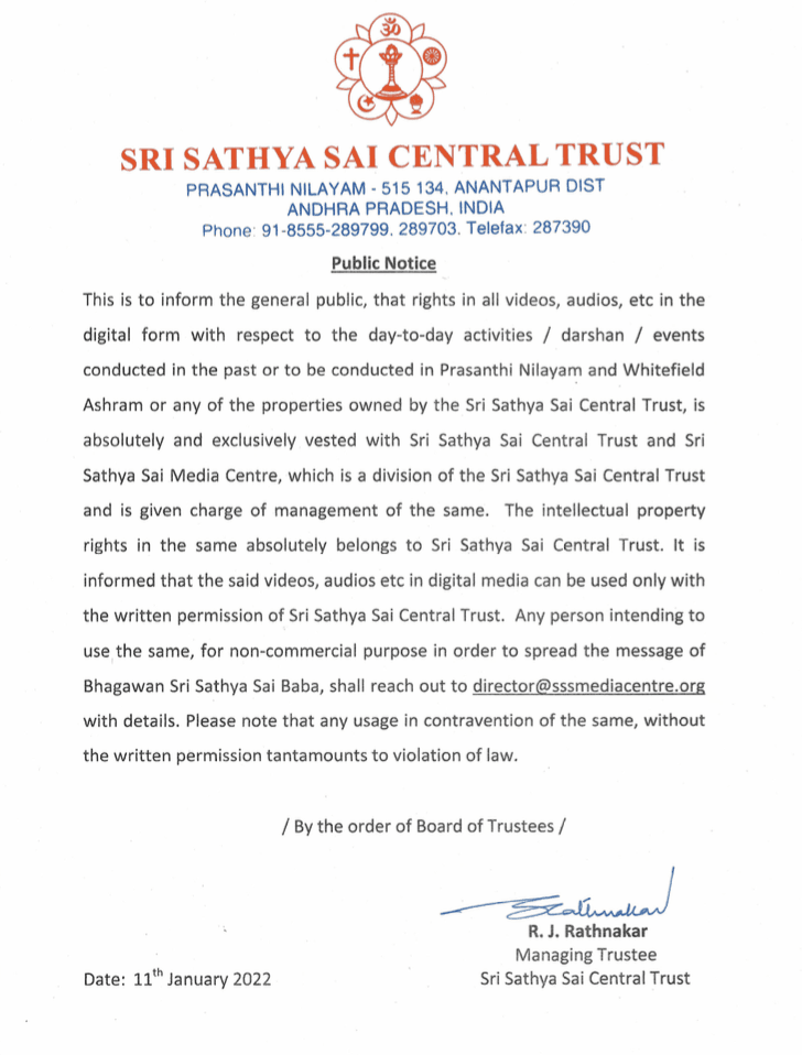 Public Notice issued by Sri Satya Sai Central Trust, regarding the usage of Bhagawan’s videos & audios on digital platforms.